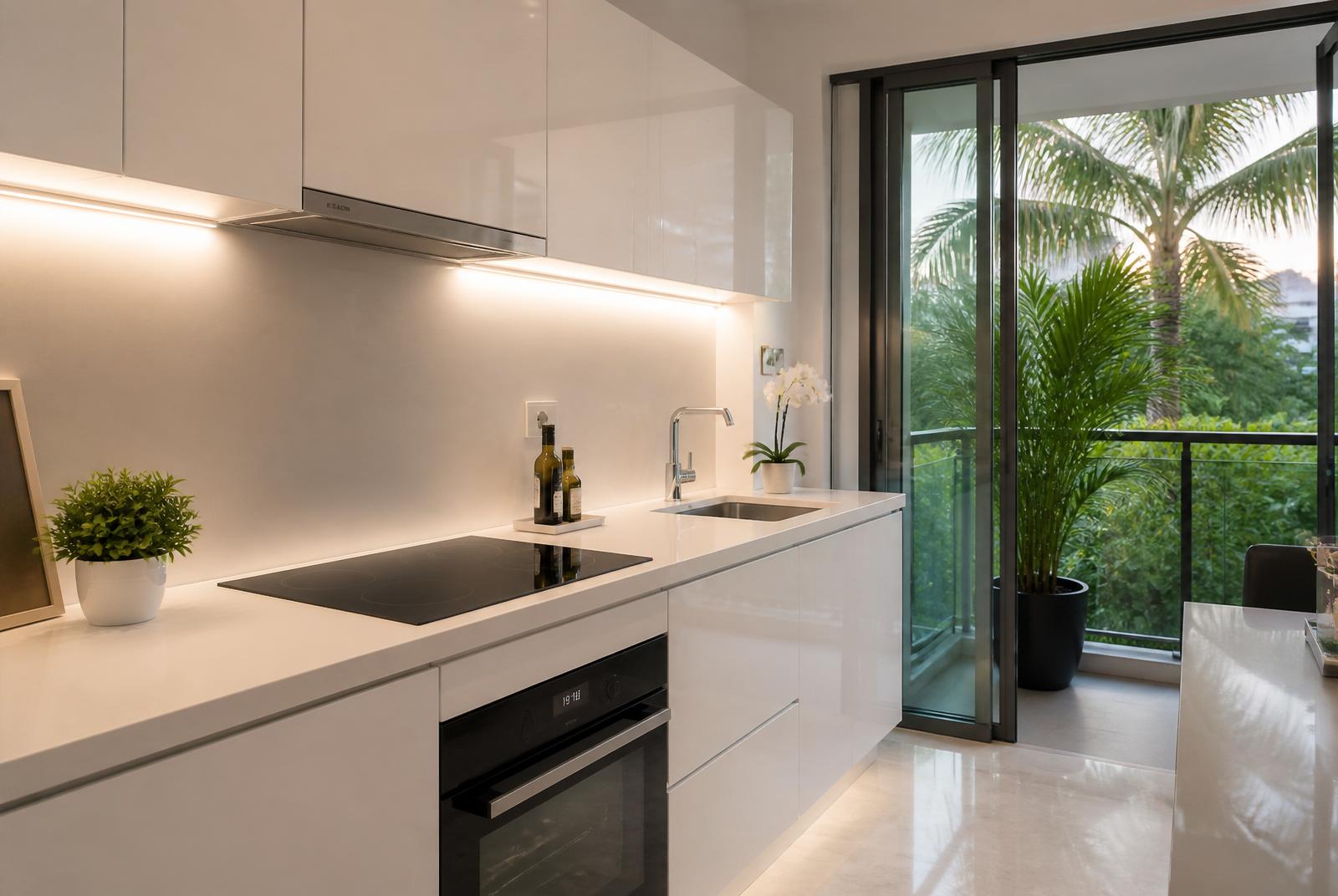 Modern Singapore condominium kitchen with tropical balcony view