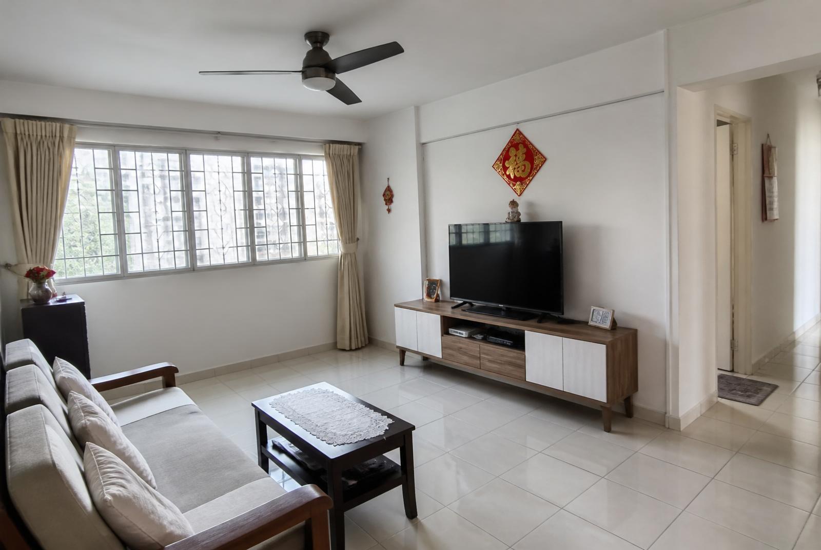 Bright, tidy Singapore HDB flat living room